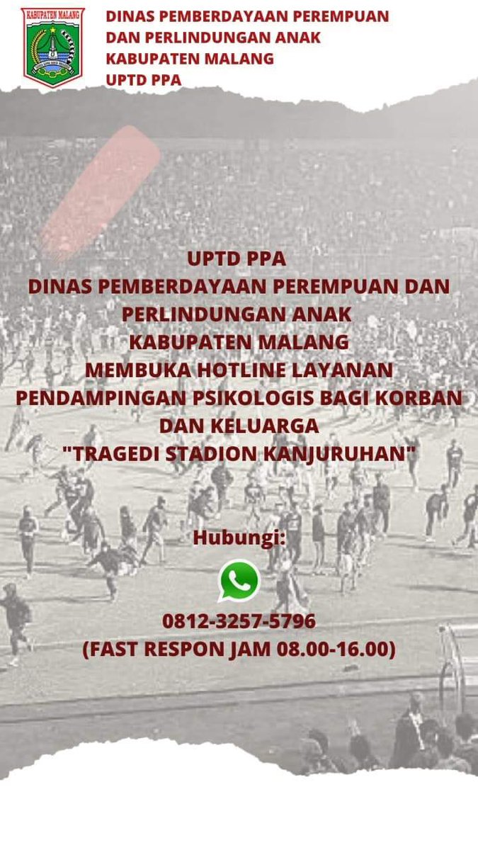 Army, #BTS_AHC_IDN adl layanan pendampingan/curhat melalui DM twitter oleh relawan #BTSARMY

Melihat tragedi yg terjadi kami juga ingin memberitahu bhw ada beberapa layanan pendampingan psikologis oleh profesional yg bisa dihubungi🙏💜

#PrayForKanjuruhan
x.com/BTS_AHC_IDN/st…