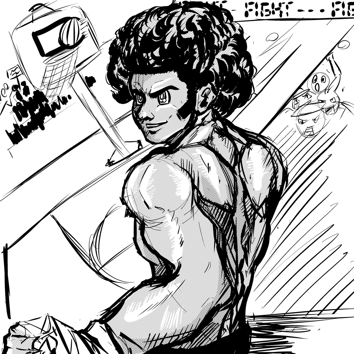 en ce moment je suis matinal (je dors pas surtout...)

jsuis pas sûr d'avoir fait un truc très accurate j'ai pas lu Hoop Island (j'ai quand même lu le chap1) mais ouais voilà.

#MDtober #MDtober04