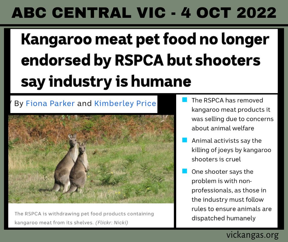 VicKangaroos's tweet photo. ABC ARTICLE RE RSPCA
More media coverage on the decision of RSPCA to pull kangaroo products from their shelves nationwide. Weβve unpacked it: https://t.co/Uo7ZkWWfvm
#kangaroomeat #kangaroos #stopkillingkangaroos #endwildlifetrade #rspca #animalcruelty https://t.co/EDn2ZHCUSK