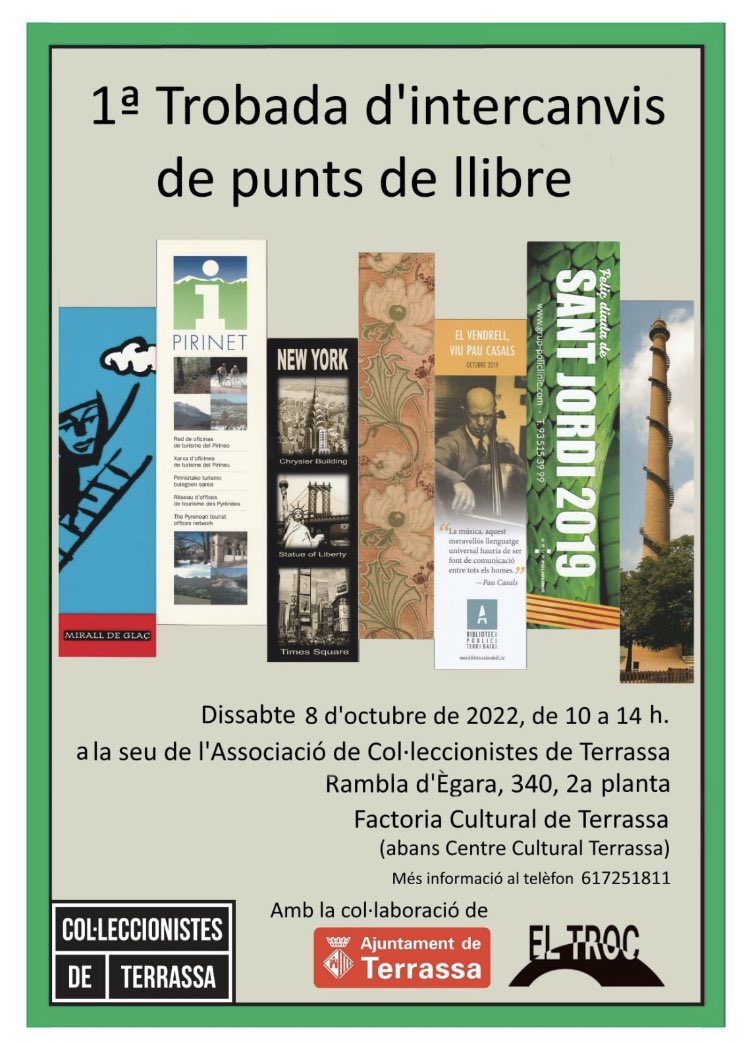 col_fira's tweet photo. Aquest dissabte 8 d‘octubre 1a Trobada de punts de llibre de Terrassa https://t.co/jXLg0ICa1M