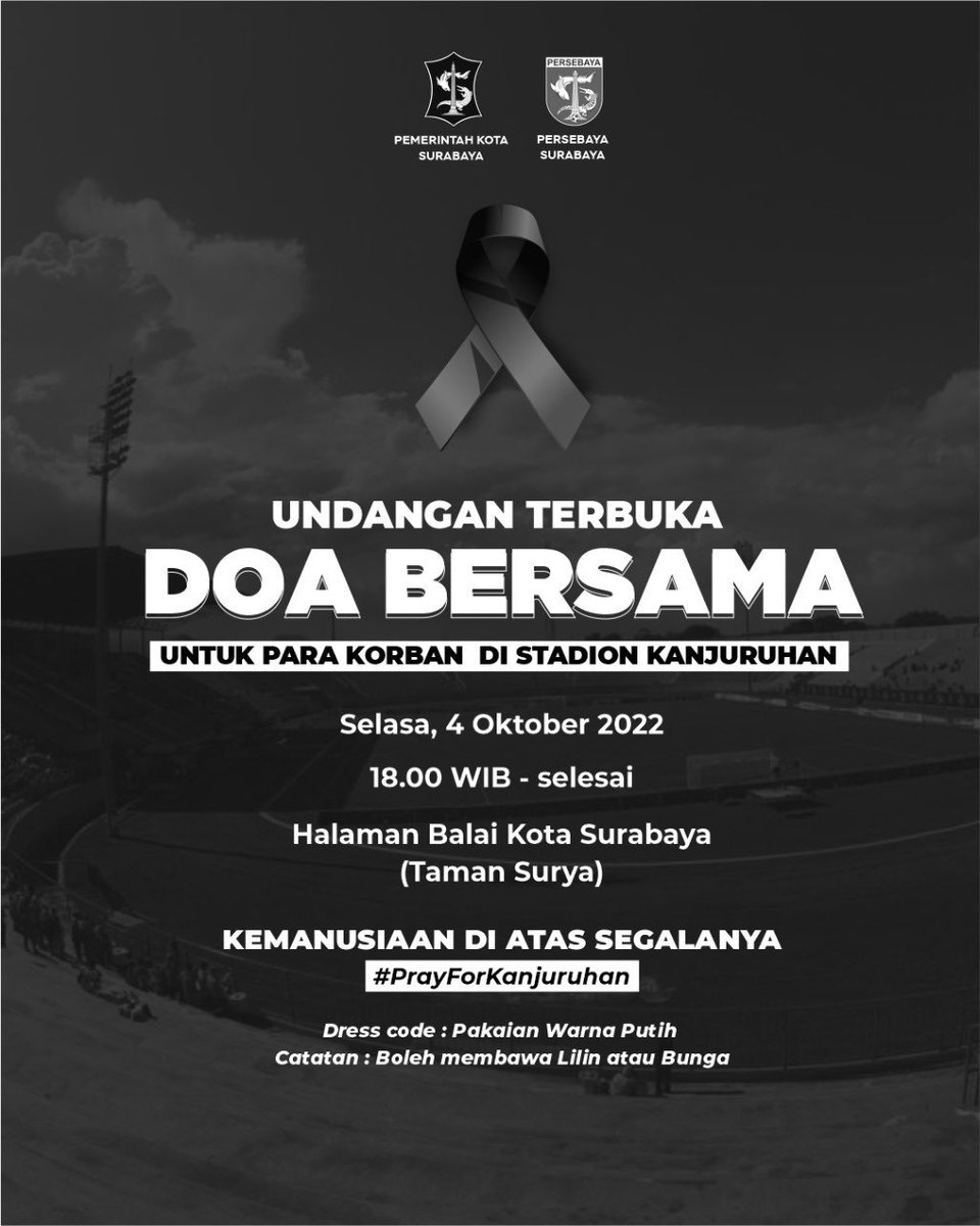 persebayaupdate's tweet photo. Tim Persebaya akan bergabung dalam doa bersama di Balai Kota
Monggo yang ada waktu menyempatkan sejenak berdoa bersama untuk korban Tragedi Kanjuruhan 🙏🏾🥀

Putihkan Taman Surya🤍 https://t.co/Gw3eDmWEXm