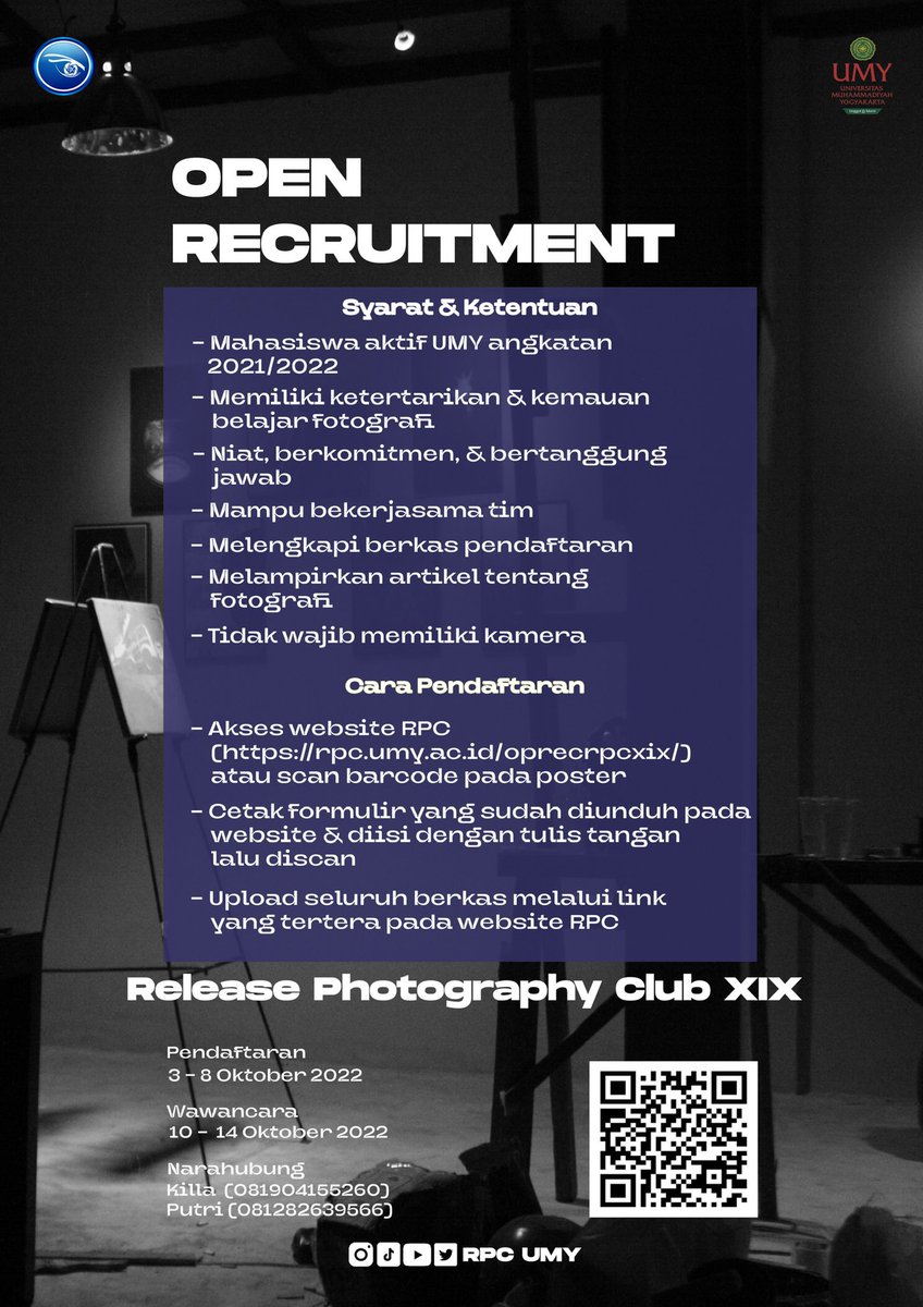 RPC_UMY's tweet photo. [ OPEN RECRUITMENT RELEASE PHOTOGRAPHY CLUB 2022 ]

Halo, Sobat RPC!
Salam! Motret itu Candu! 👊🏻
Kami dari UKM RPC UMY telah membuka pendaftaran untuk calon anggota baru. Buat kalian yang mempunya minat di bidang fotografi segera daftarkan diri kalian guys💨 https://t.co/6jBazSWTBj
