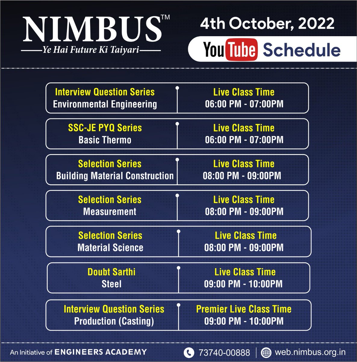 LearningNimbus's tweet photo. NIMBUS Learning Daily YouTube Schedule...

✅Download Nimbus Learning APP : https://t.co/gu0g5uyLdq
🌐Visit : https://t.co/QocSGKzIsk
☎️Call : 7374000888

#NIMBUS_Learning #EngineersAcademy #study #Quiz #crash_course #CE #EE #ME #EC #onlinecoaching #engineering #learn #education https://t.co/rp8EnUgz5q
