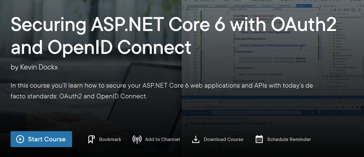 KevinDockx's tweet image. Very happy to see this one go live: my latest @pluralsight course, Securing ASP.NET Core 6 with #OAuth2 and #OpenID Connect.  Almost 10 (!!) hours of security goodness. Enjoy! :)  app.pluralsight.com/library/course…