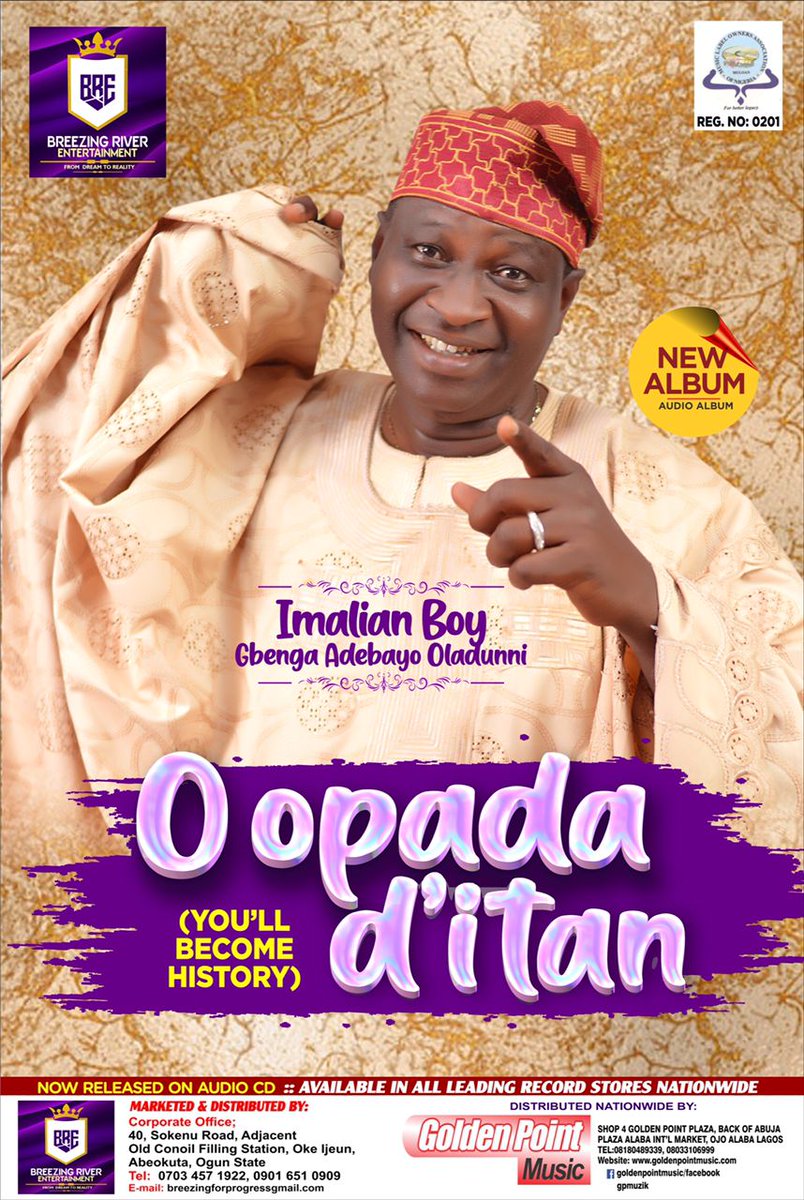 BreezingRiver's tweet photo. We hit the market yesterday with another evergreen album from a broadcast, music and movie legend, Alhaji Gbenga Adebayo-Oladunni (IMALIAN BOY), titles "OOPADATITAN" (You'll become History).

It's available in all leading record stores nationwide. https://t.co/057gLgv9dl