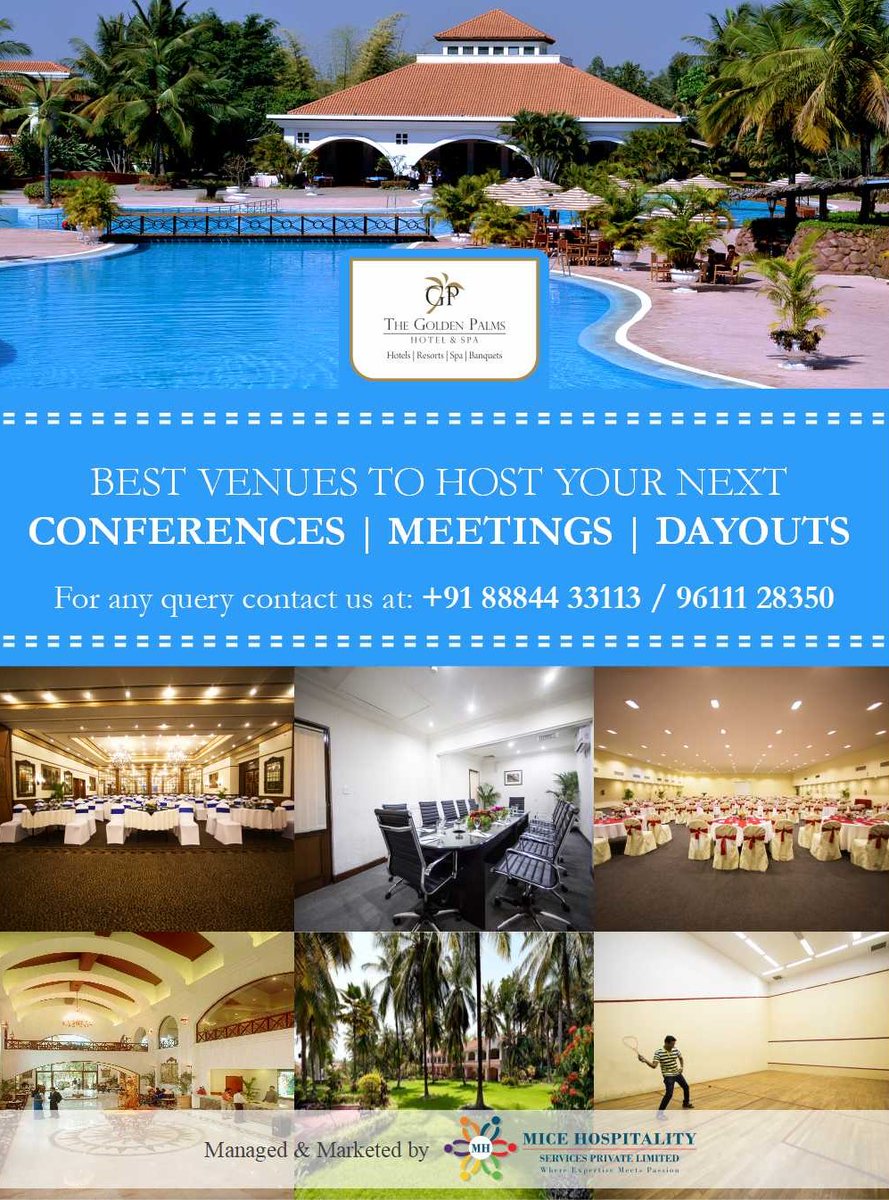 _GoldenPalms's tweet photo. You can have your next #conference or #meetingsandevents @ THE GOLDEN PALMS HOTEL &amp; SPA.

For bookings or more information please contact: +91 88844 33113 / 96111 28350

#micetomeetyou #corporateevents #corporate #conferencevenue #banquets #meetingsmeanbusiness #bangalore #dayout https://t.co/0YmeZxz2yf