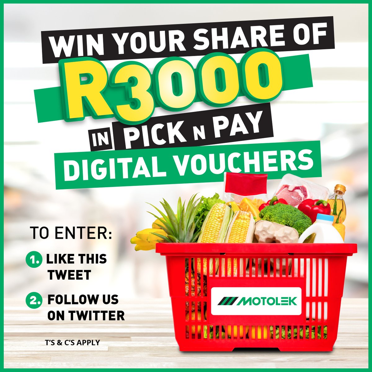 Here we go again! Stand a chance to WIN your share of R3000 in Pick n Pay Digital VOUCHERS 🥑 TO ENTER simply follow the easy steps. Winner will be announced on 14 October 2022. T's and C's apply. #motus #PicknPay