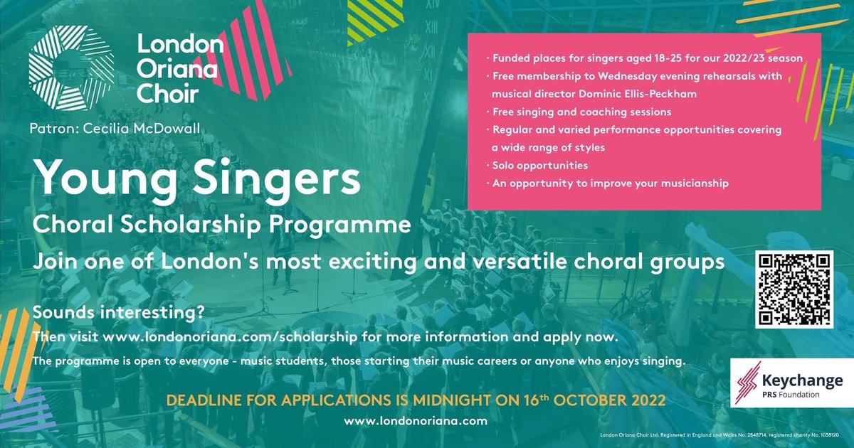 londonoriana's tweet image. AGED 18-25?  LOVE SINGING?  THEN READ ON.... FREE membership, FREE singing lessons, FREE coaching, FREE masterclasses, solo opportunities &amp;amp; the chance to perform with one of the UK’s most versatile choirs? APPLY NOW londonoriana.com/scholarship