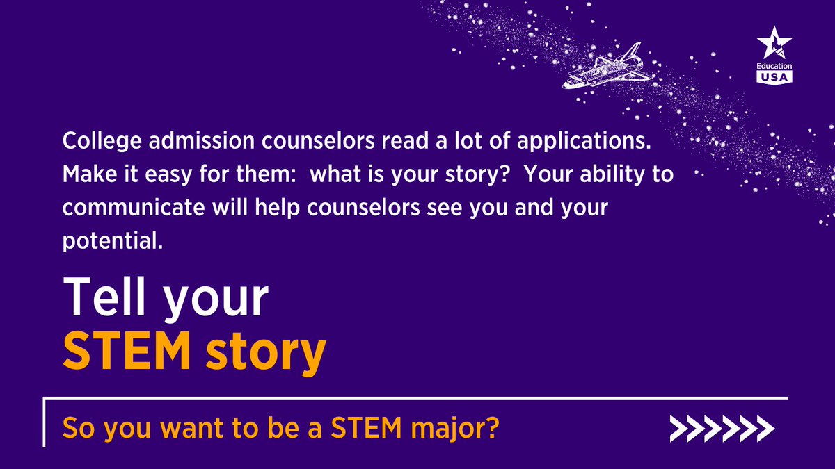 EdUSAinSA's tweet photo. 🚀 Welcome to @WorldSpaceWeek!  Are you looking to blast off at @NASA, find a cure to cancer, or help protect the environment with green technology?  A #STEM major might be right for you!  Here are 4 ways to succeed as a STEM student in high school and college ⬇️  #WSW2022 https://t.co/laVWm71ZIE