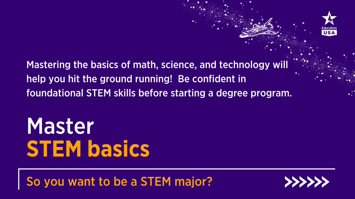 EdUSAinSA's tweet photo. 🚀 Welcome to @WorldSpaceWeek!  Are you looking to blast off at @NASA, find a cure to cancer, or help protect the environment with green technology?  A #STEM major might be right for you!  Here are 4 ways to succeed as a STEM student in high school and college ⬇️  #WSW2022 https://t.co/laVWm71ZIE