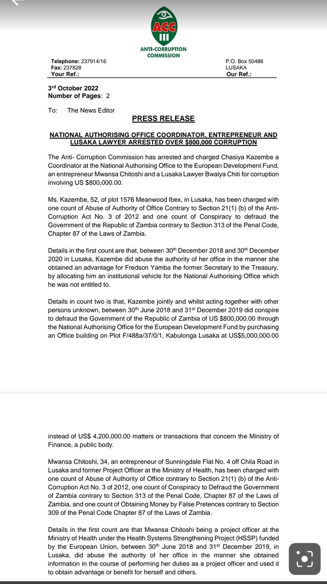 ACCZambia's tweet photo. The Commission arrested a National Authorising Office Coordinator, Entrepreneur &amp; Lusaka lawyer for corruption involving US$800,00.00. https://t.co/TZbWO5N3cg