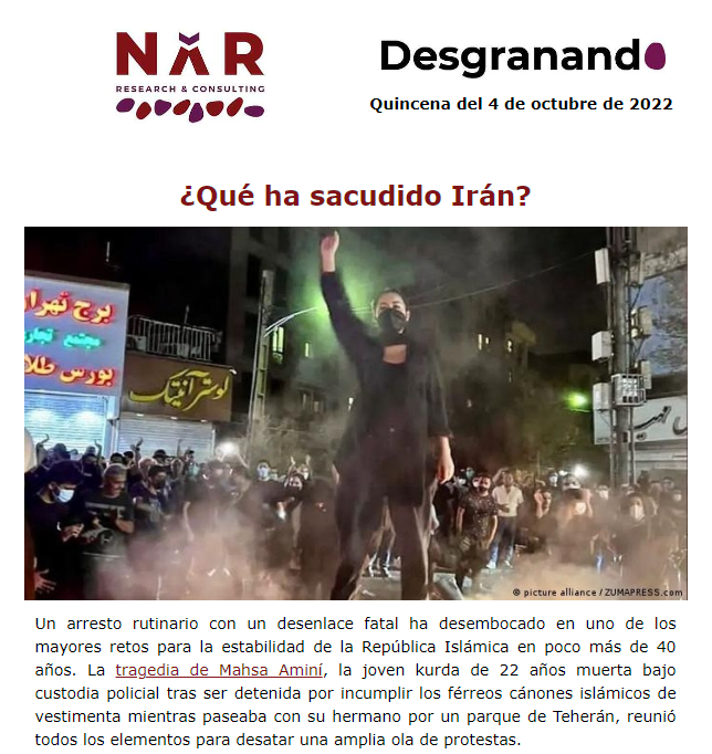 NarResearch's tweet photo. ⚠️¡#Desgranando está de vuelta! Tras un verano de descanso, el mejor análisis prospectivo en español regresa para desgranar el Mediterráneo Oriental:
- Causas y consecuencias de las protestas en 🇮🇷. 
- El exilio de 🇷🇺.
- La nueva fase de conflicto entre 🇦🇲 y 🇦🇿.
¡Ya en tu buzón! https://t.co/PfjGvx7OQ0