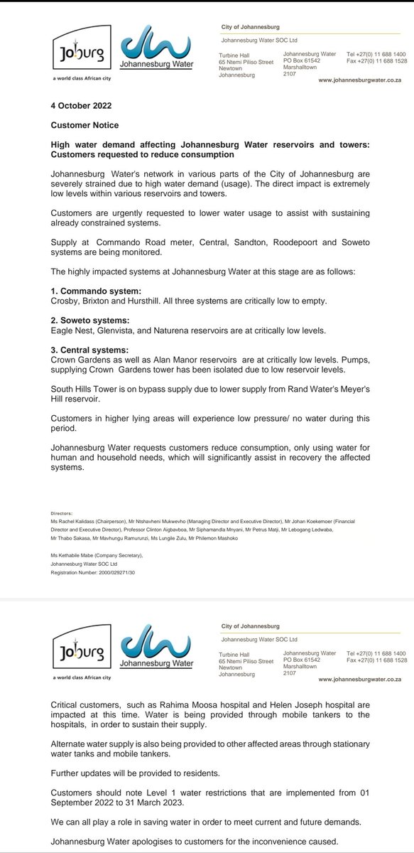 JHBWater's tweet photo. #JWUpdate on Reservoirs and Towers affected by high water demand ^H https://t.co/HedOCjXD2S