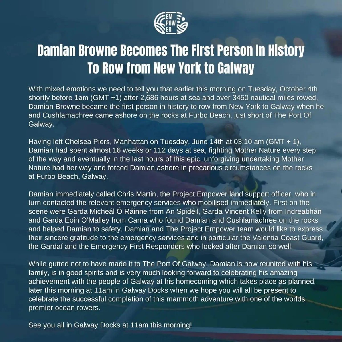 stjosephsbish's tweet photo. What a historic achievement about to take place this morning by our own Damian Browne. Expected in Galway docks 10.30 - 12. https://t.co/RUAqxrwTJJ