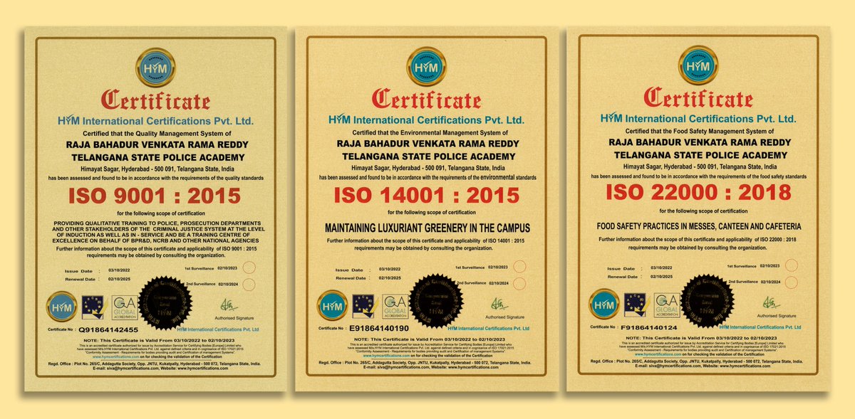 Hearty Congratulations to the Director & his team #RBVRR TSPA on achieving ISO 22000:2018 certifications on 1. Training Quality 2. Maintain Greenery in the Campus 3. Food Safety Practices It was a very proud moment for the entire #TelanganaStatePolice