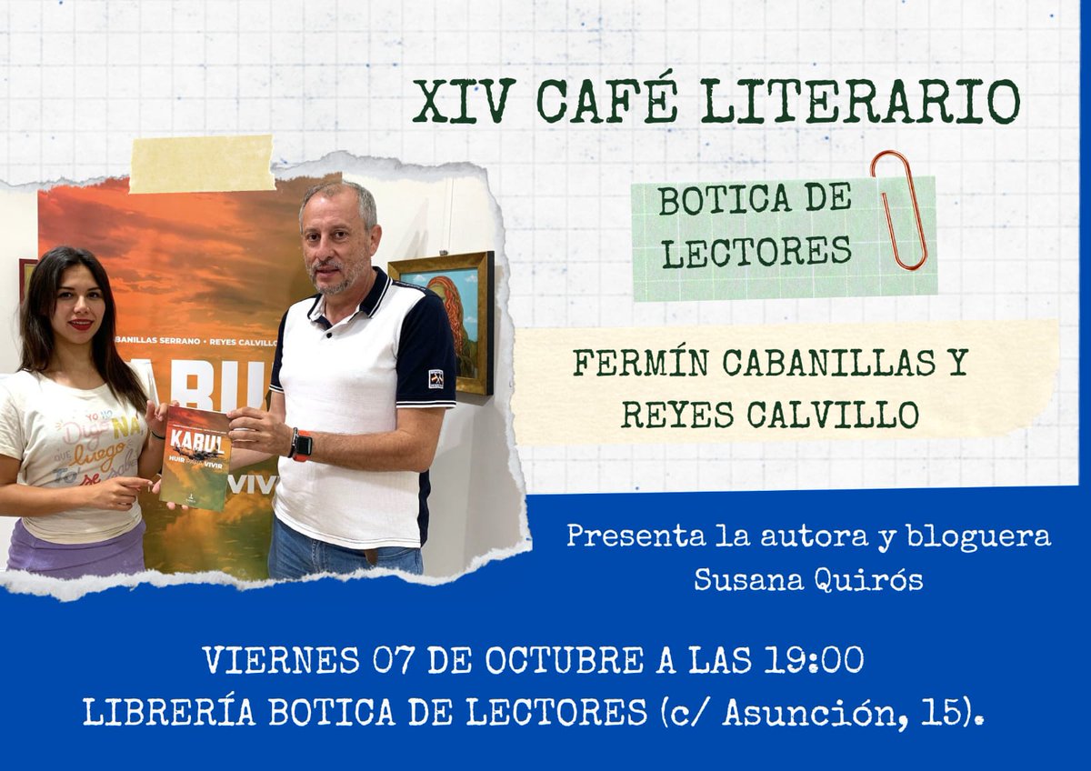 Viernes 7 de octubre a las 19.00h vuelven nuestros cafés literarios a Botica Asunción.
Charlaremos con los autores de Kabul, coordinado como siempre por <a href="/unadevoralibros/">Susana Quirós</a> 
<a href="/editorialpabilo/">Pábilo Editorial</a>

¡Os esperamos!