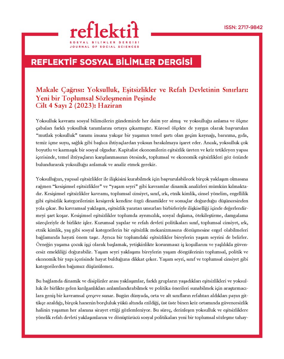 ReflektifDergi's tweet photo. Makale çağrısı: Reflektif Sosyal Bilimler Dergisi "Yoksulluk, Eşitsizlikler ve Refah Devletinin Sınırları: Yeni Bir Toplumsal Sözleşmenin Peşinde" başlıklı yeni sayısı için makalelerini bekliyor (Haziran 2023). 

Detaylı bilgi için👇 https://t.co/8YYqFweWgq https://t.co/0P4nLopyN2