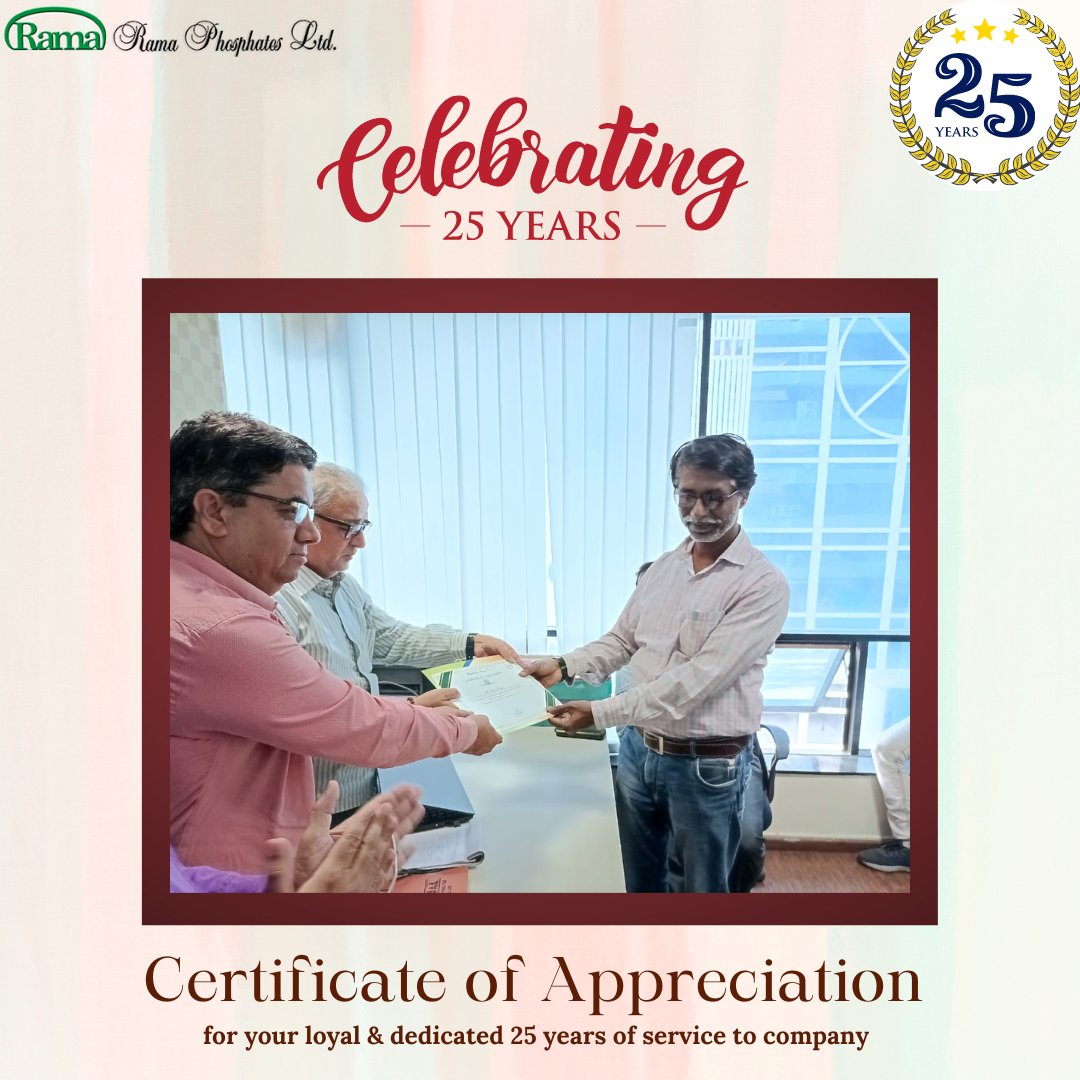 RamaPhosphates's tweet photo. Celebrating 25th Work Anniversary. 
The Management takes pleasure in presenting an Appreciation Certificate for loyal &amp; dedicated 25 years of service to Rama Phosphate Limited. https://t.co/pyL0dWGoZ9