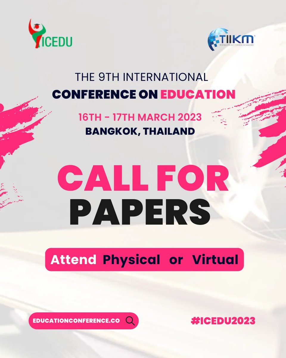 DeshiPathirana's tweet photo. The 9th International conference on education 2023 (ICEDU 2023) offers a unique opportunity to get your research published in Scopus-indexed journals and viewed by thousands of peers, scholars, and members of academia across the world.

Submit your paper - https://t.co/YfbR2rFseO https://t.co/qWK7ap8ZZs