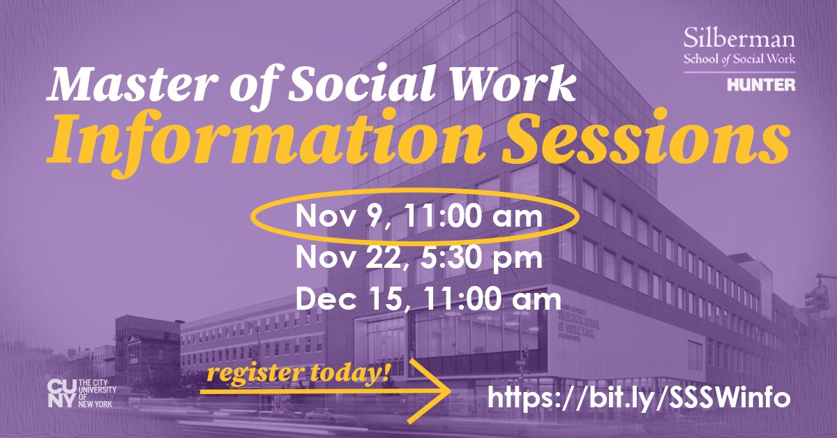 silbermanssw's tweet photo. Imagine your future @SilbermanSSW...Just 3 more info sessions: Nov 9, Nov 22, and Dec15.
RSVP today! —> https://t.co/46U1rPdf9Q
#socialwork #MSW #MSWStudent
@Hunter_College https://t.co/ixJLJrfIYt