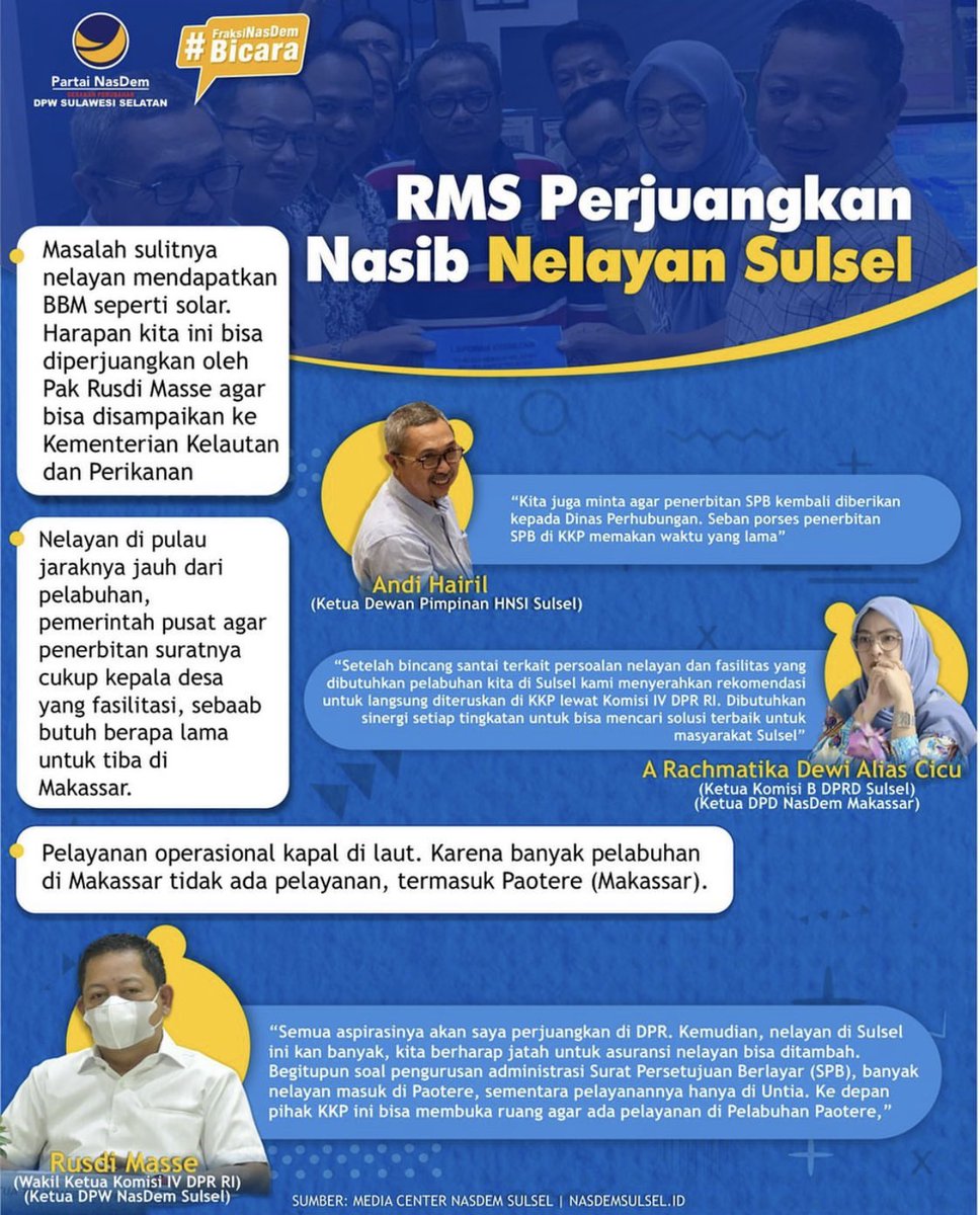 NasDem_Sulsel77's tweet photo. Kakak Ketua DPW NasDem Sulawesi Selatan, Rusdi Masse, belum lama ini bertemu dengan para perwakilan nelayan di Makassar. 

@NasDem 

#NasDemBersamaRakyat #PartaiNasDem #rusdimasse https://t.co/KAOMveON9w