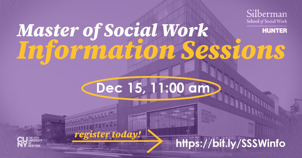silbermanssw's tweet photo. Get your #MSW at the oldest and largest public school of #socialwork in NY @silbermanssw ! Last info session of 2022 is next week Dec15. RSVP today!
>https://t.co/46U1rPuQyq
#MSWStudent @Hunter_College https://t.co/gvcA0iUGNx