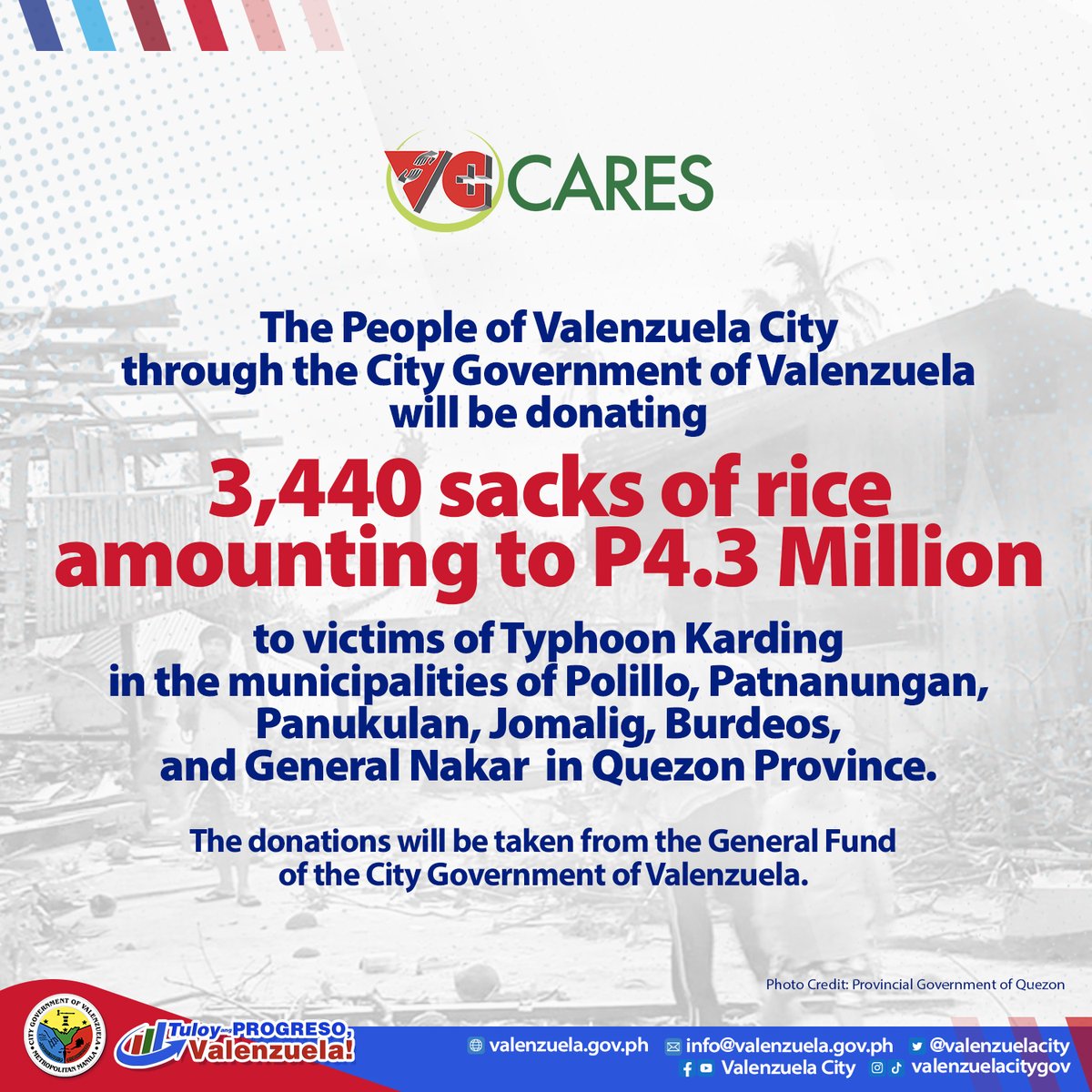 valenzuelacity's tweet photo. #ValenzuelaCares for the people affected by #TyphoonKarding.
The People of Valenzuela City, through the City Government of Valenzuela will be donating 3,440 sacks of rice amounting to P4.3 million to some areas affected by the typhoon in Quezon Province. https://t.co/09WdipjCF6