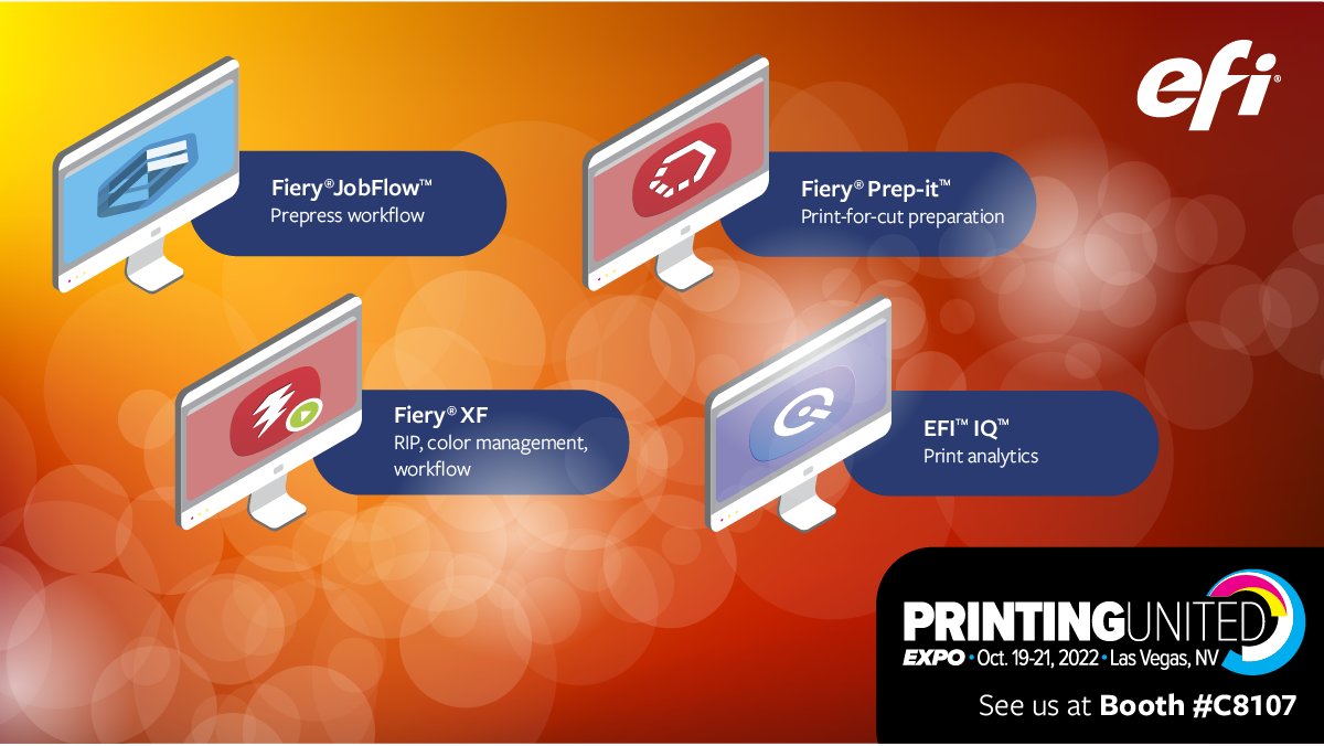EFIPrint's tweet photo. At EFI's #PRINTINGUnited booth, you won't just see industry-leading technology, you'll see your profitable future w/ the latest #EFIFiery DFEs, innovative solutions to automate prepress & color management, plus #EFIIQ cloud applications. Get a FREE pass: https://t.co/pf9HkGorOw https://t.co/gX2SAZN1Si