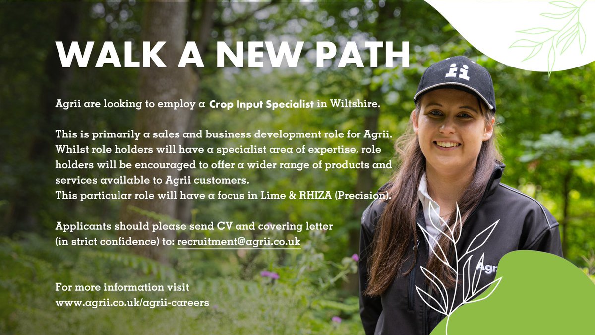 WALK A NEW PATH

+ Crop Input Specialist  #Wiltshire

You will work alongside progressive growers and agronomists to help maximise input use efficiency, increasing crop performance and yields.

Full details at bit.ly/AgriiCareers

#iAmAgrii #CareersInAgriculture