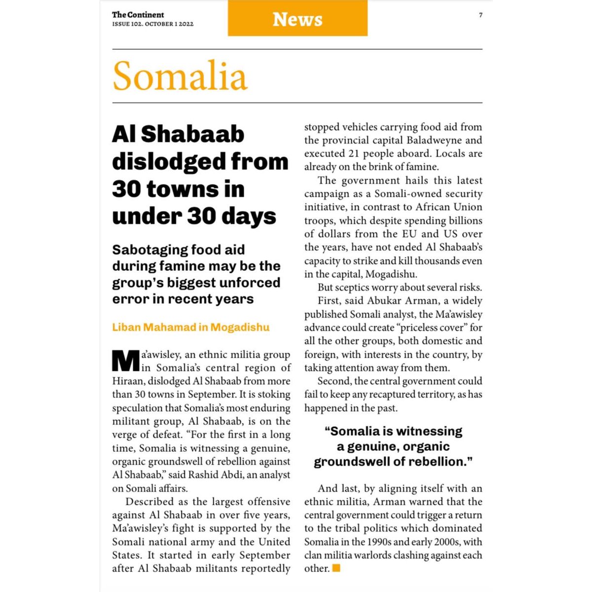 thecontinent_'s tweet image. How did Al Shabaab manage to get dislodged from 30 towns in under 30 days? Sabotaging food aid during famine may be the group’s biggest unforced error in recent years. 

Liban Mahamad reports: “Somalia is witnessing a genuine, organic groundswell of rebellion.”