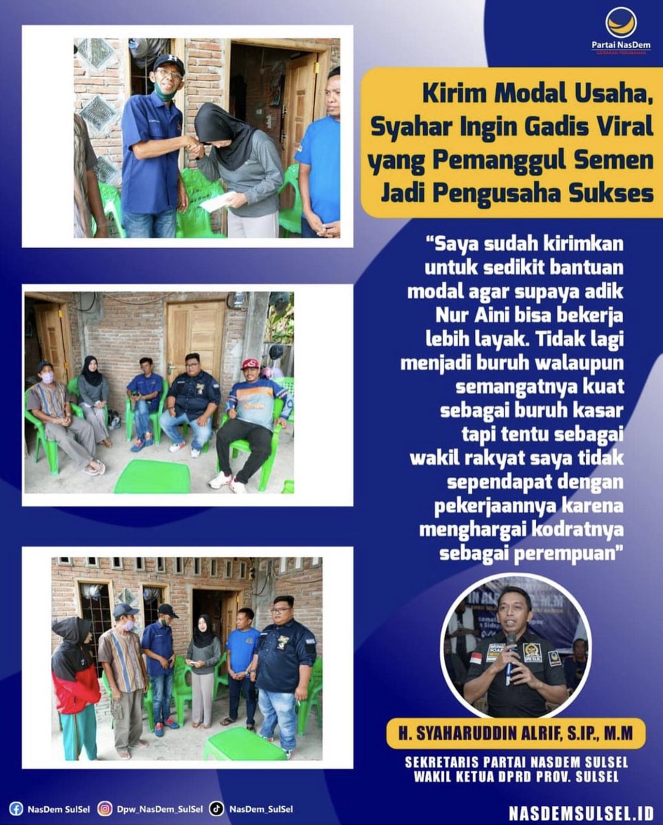 NasDem_Sulsel77's tweet photo. Kakak Sekretaris DPW NasDem Sulawesi Selatan, Syaharuddin Alrif, merespon cepat gadis viral di Kabupaten Pinrang, yang hari-harinya sebagai pemanggul semen.

@NasDem 

#NasDemBersamaRakyat 
#NasDemSulawesiSelatan 
#Rusdimasse 
#Syaharuddinalrif https://t.co/gZGVVm6Pga