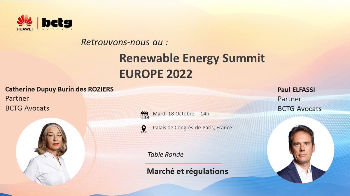 BCTG_Avocats's tweet photo. 🎙Catherine Dupuy-Burin des Rosiers et Paul Elfassi, interviendront à la TR « Marché &amp; régulations » lors de l’évènement Renewable Energy Summit, sur les aspects réglementaires des enjeux solaires / les corporate PPA.
https://t.co/2SadDFiZZn
 #énergiesolaire  #EnR #Sustainability https://t.co/yfyuQgFQBM