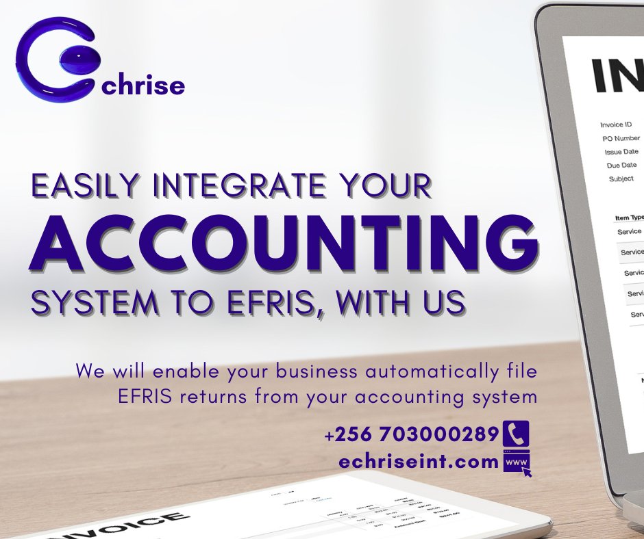 Echrise_Int's tweet photo. Echrise will enable your business automatically file EFRIS returns from your accounting system by integrating into EFRIS. 
For more information, contact us on +256703000289 or email us on genius@echriseint.com
#EfrisSimplified #AccountingEfficiency #EchriseInternational https://t.co/uJkawxiKHN