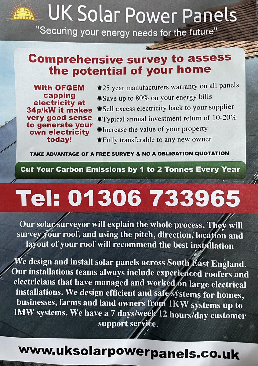 DorkingSolarGp's tweet photo. SolarPV electricity for your home or business is no-brainer nowadays. It’s an investment grade opportunity. See UKSolarPowerPanel, a local Dorking company.  For those on low income new grants are available too: https://t.co/IP1LKpIVM3 https://t.co/3alliZFTV3