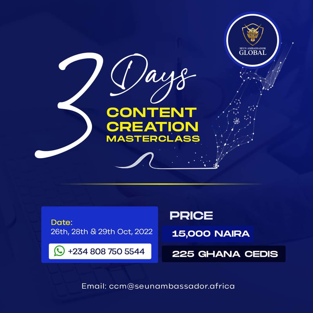 Seun_Ambassador's tweet photo. Become a Money-Making Content Creator. That you might stop begging people for urgent #2k.

To register for my forthcoming 3-day Content Creation Masterclass (virtual), send me an email 👇🏿

Email: ccm@seunambassador.africa

#CoachSeunAmbassador #ContentCreationMasterclass

Rt. https://t.co/XLB7iz8fxZ