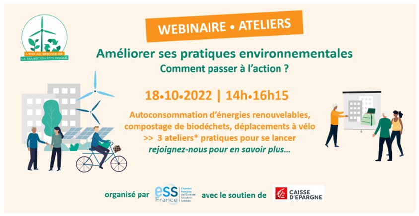 · #ESS &amp; #TransitionEcologique ·

Notez à l'agenda!📅18.10 ⏰14h 💻Visio
En entreprise, comment améliorer ses pratiques environnementales ? Venez assister au prochain webinaire d'ESS France pour passer à l'action concrètement !

Inscrivez-vous maintenant👉ess-france.org/webinaire-ess-…