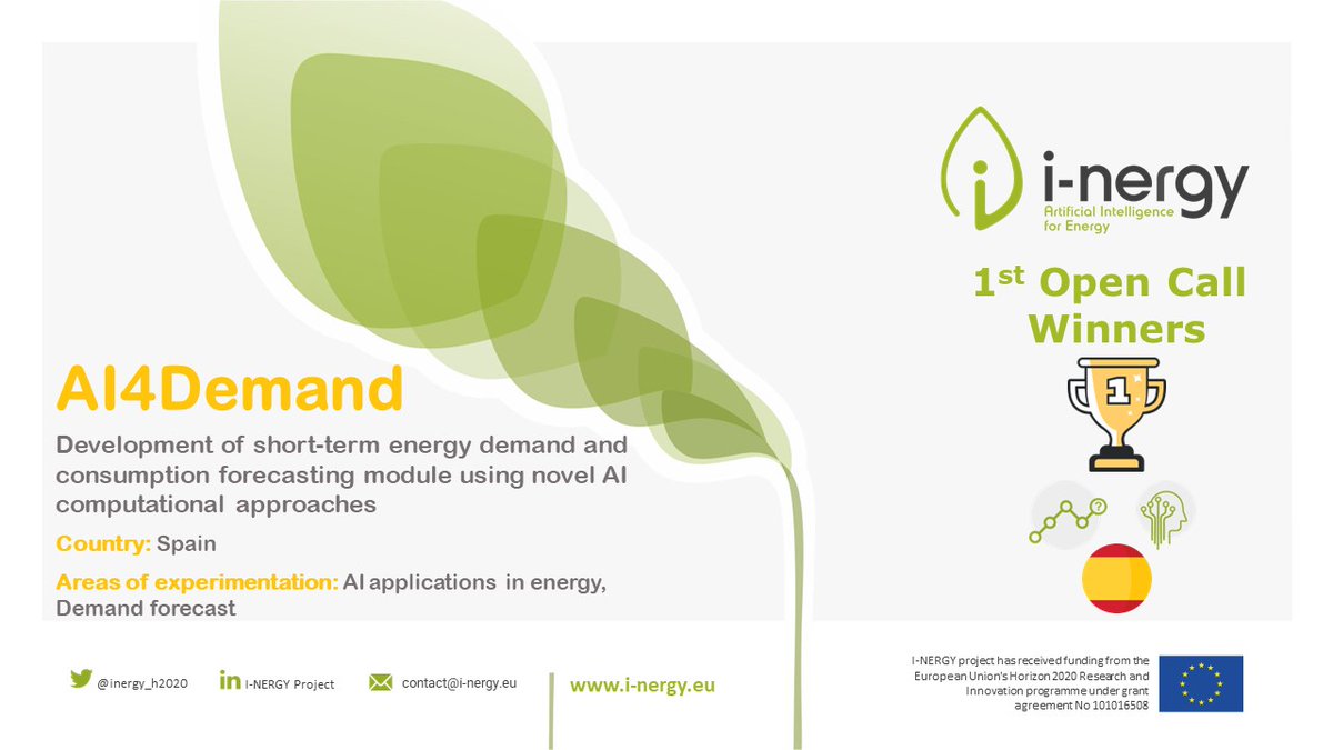 inergy_h2020's tweet image. 🏅🏆Open Call #1 Winners:
AI4Demand is an AI-based multi-layer tool for building #energyconsumption and #demandprediction using local weather #forecasts and sensor data, coordinated by @sensingcontrol 
 🔗 Find more here: lnkd.in/dHsYUQQy