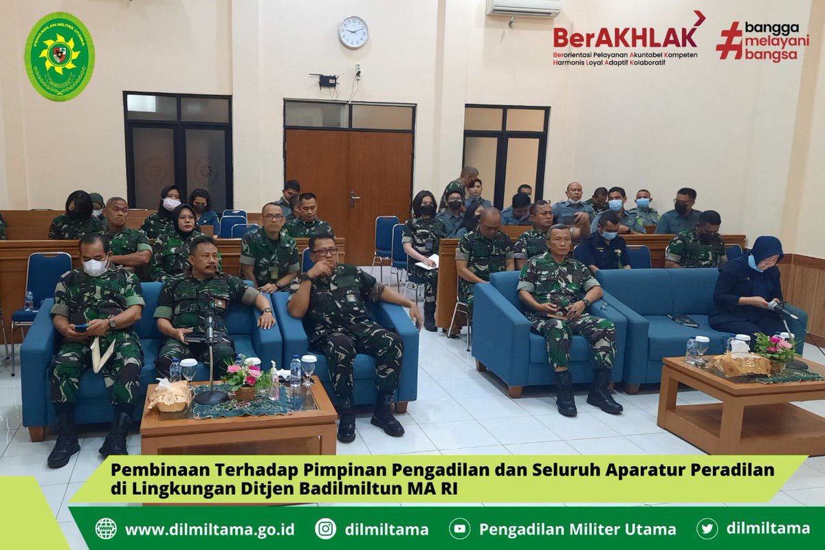 dilmiltama's tweet photo. Jakarta, 4 Oktober 2022.
Bertempat di ruang sidang Pengadilan Militer Utama, Plt Kadilmiltama dan seluruh personel Dilmiltama mengikuti Kegiatan Pembinaan Terhadap Pimpinan Pengadilan dan Seluruh Aparatur Peradilan oleh Dirjen Badilmiltun MA RI. https://t.co/XK0oLU7GxL