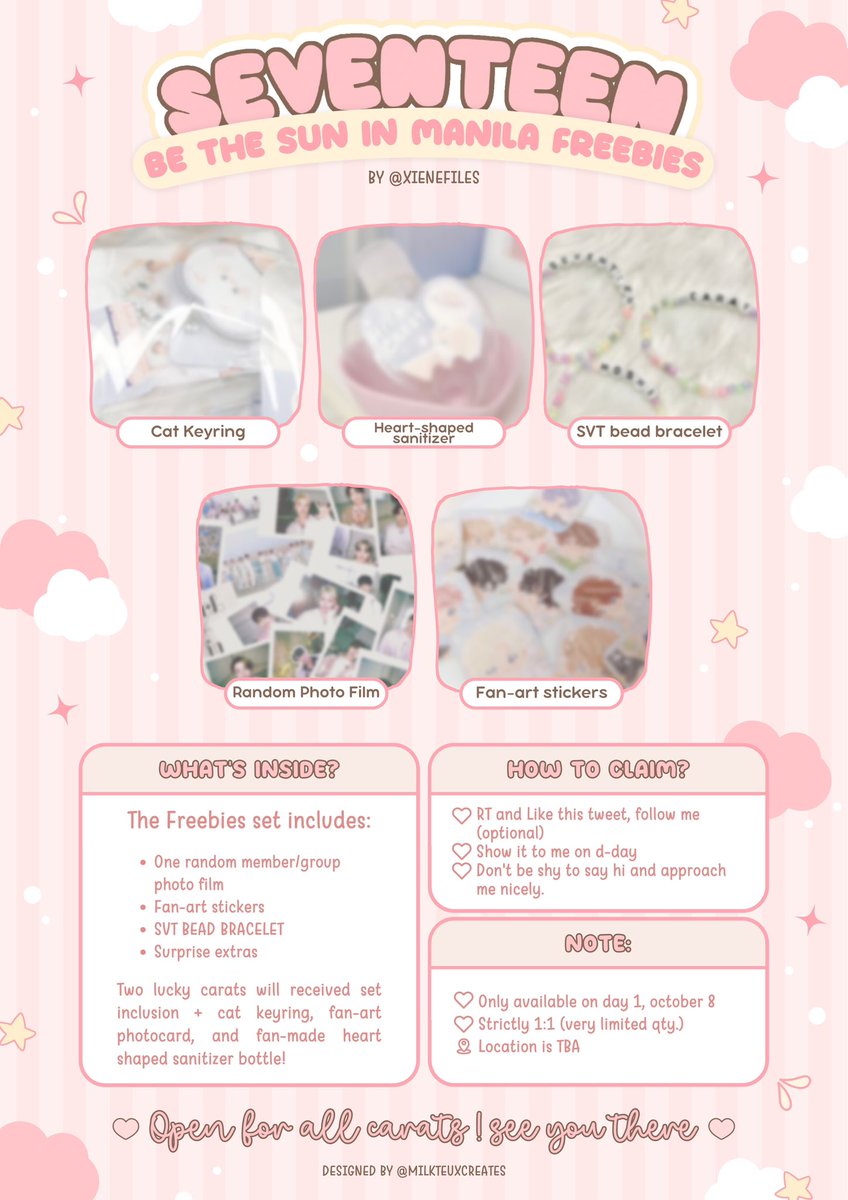 lvefiles's tweet photo. Seventeen Be The Sun In Manila 
ʚ freebies for day 1, oct 8! ɞ

Note ⨾ ♡ 
⟡ first come, first serve
⟡ follow health protocols 
⟡ location is TBA - will post updates!
⟡ approach me nicely ૮ ˶ᵔ ᵕ ᵔ˶ ა

🏷️ #BeTSinMNL #SEVENTEEN #CARAT #BETHESUNinMNL 🎀🍰❕ https://t.co/HUHuPcJ4uw