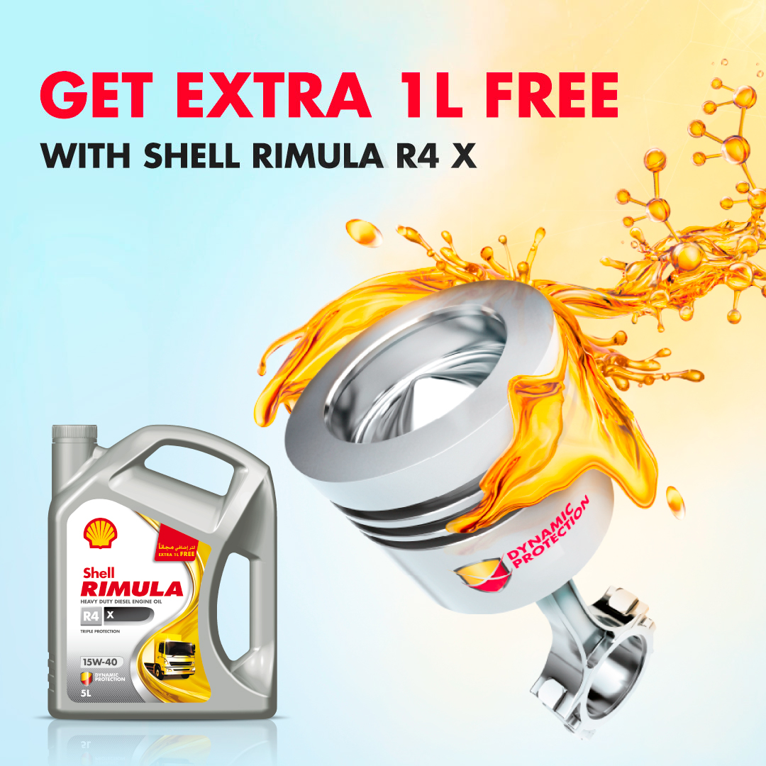 ShellMiddleEast's tweet image. Shell’s promotion on the #ShellRimula R4 X is available in the UAE! Receive an extra litre when you buy a 4 litre pack of the new, improved formula. Learn more here go.shell.com/3rqcZhA  

#ShellMiddleEast #Shell #MotorOil #Promotion  #Truckers #شل #زيوت
#ShellRimula