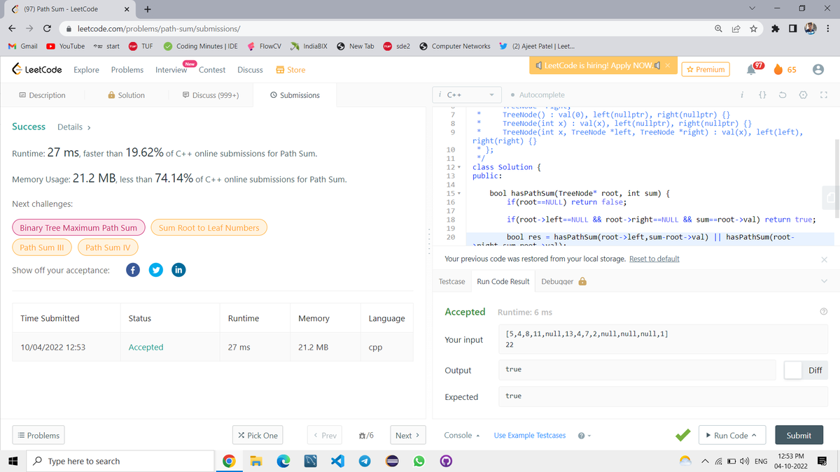 mpathak382's tweet photo. Completed Day 96 of the 100 Days of Code Program by  @CodeinCommunity Supported by @MinutesCoding

Today I solved Path Sum Problem on Leetcode
https://t.co/ZYyNj9RwK2
Discord-https://t.co/DXwhp7UUAT

#100daysofcodechallenge #codeincommunity  #codein100daysofcode #100DaysOfCode https://t.co/QeoZhP5yUU