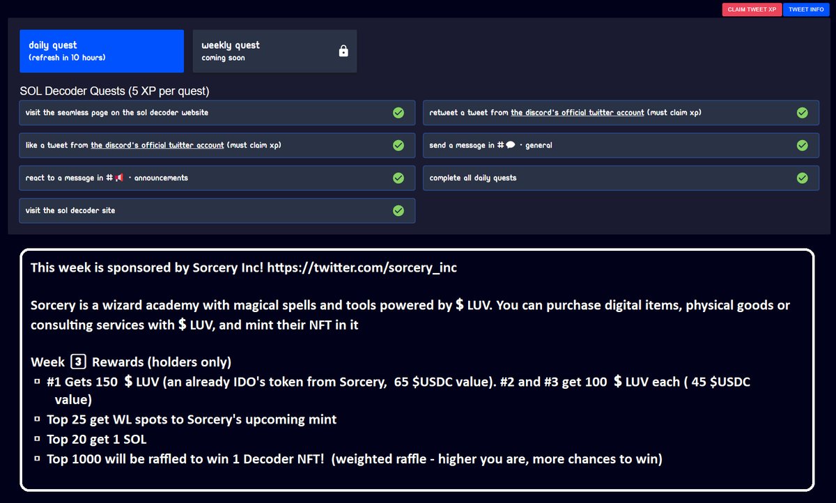 SOL_Decoder's tweet photo. Engage-2-Earn Week 3⃣ has started❗️

Rewards 🪄 
◾️Top three wins $LUV (total value 180$)
◾️Top 20 each get 1 SOL
◾️Top 25 each get a spot for @Sorcery_inc 
◾️Top 1000 raffled to win 1 SOL Decoder NFT

sponsored by @Sorcery_inc 🤝
#C3D https://t.co/grKUKL4h4F
