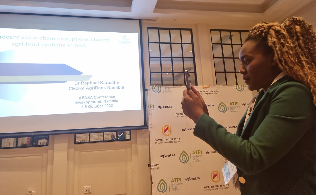 DrSelmaK's tweet photo. The CEO @RKaruaihe of @AgribankNamibia presenting as a keynote speaker #AEASA2022 conference. Supported by a great delegation from the bank with Indileni capturing the moment. Well done Dr. CEO. @AereAfrican @MargaretChitiga @wakpalu https://t.co/3FE4Z1hT0v