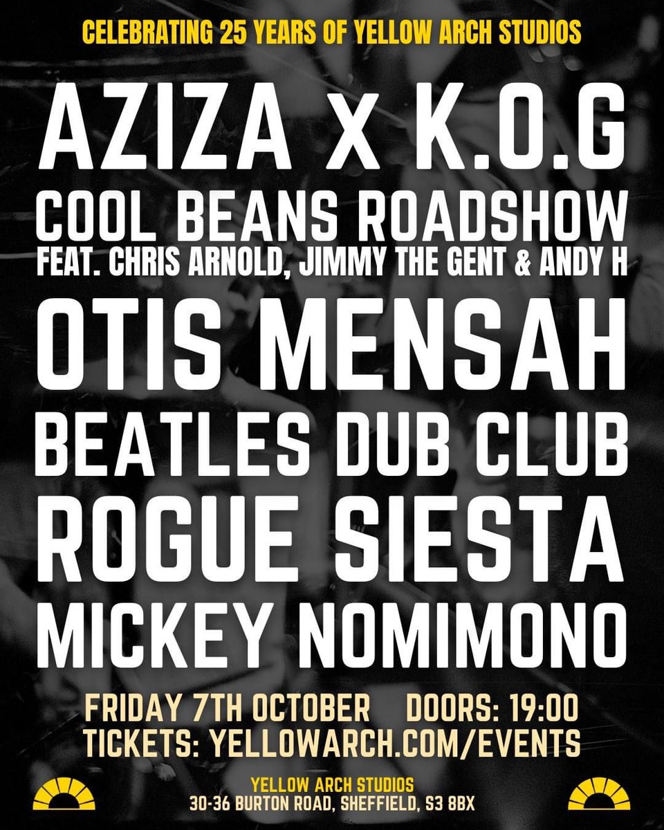KOGZongo (@kogzongo) on Twitter photo SHEFFIELD. <a href="/YellowArch/">Yellow Arch Studios</a> <a href="/ChrisArnoldInc/">Chris Arnold</a> , BIG PARTY this FRIDAY 7TH OCT.❤❤ alongside family AZIZA JAYE. SHEFFIELD. <a href="/YellowArch/">Yellow Arch Studios</a> <a href="/ChrisArnoldInc/">Chris Arnold</a> , BIG PARTY this FRIDAY 7TH OCT.❤❤ alongside family AZIZA JAYE.