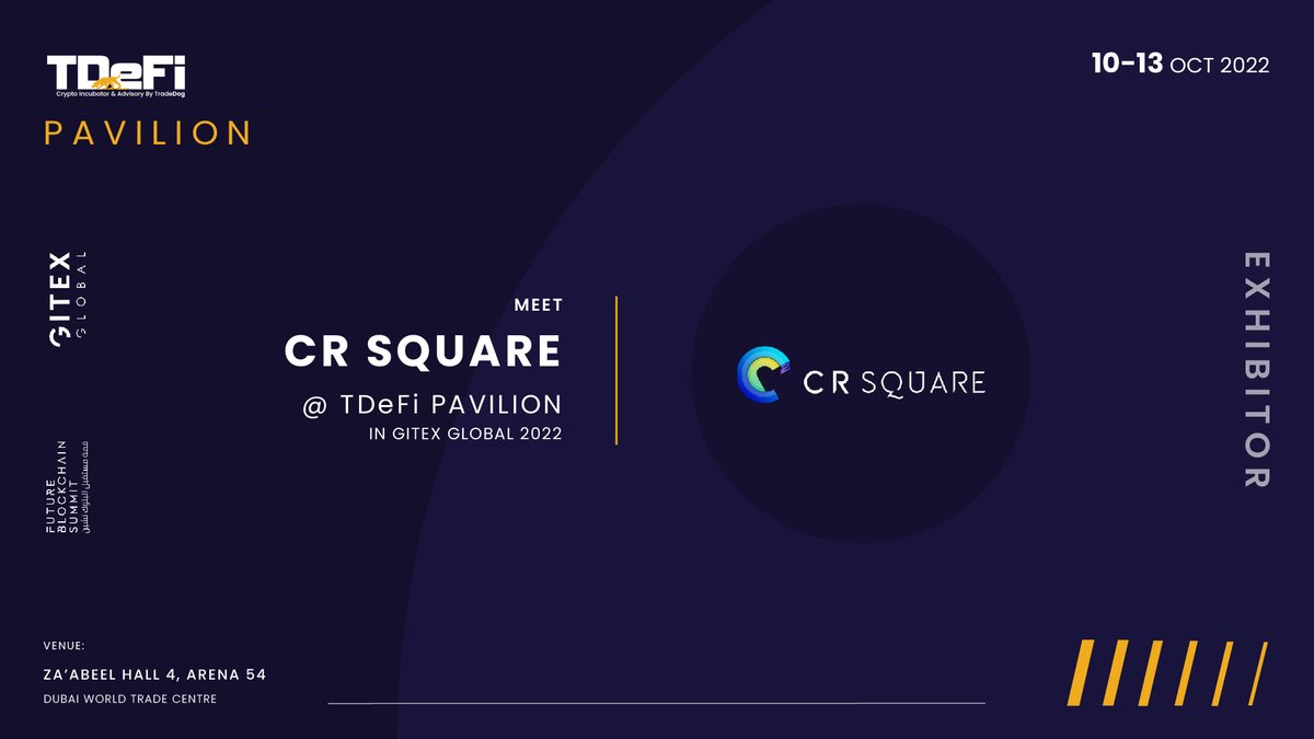 𝗘𝘅𝗵𝗶𝗯𝗶𝘁𝗼𝗿 𝘀𝗽𝗼𝘁𝗹𝗶𝗴𝗵𝘁 🔔
Team of CR Square Finance would be exhibiting from #TDeFiPavallion at GITEX Global 2022.

Learn More :: crsquare.finance

To connect with CR Square team in TDeFi Pavilion , please register here 👉 lnkd.in/d9VKdZwW