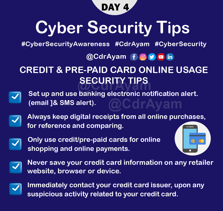 CDR_Ayam's tweet photo. Day4/31: #Tip 4 - CREDIT & PRE-PAID CARD ONLINE USAGE #CyberSecurity Tips, by @CDR_Ayam
#CybersecurityAwarenessMonth #CyberSecMonth #cdrayam #cyber #infosecurity #informationsecurity #infosec #cyberattacks #cyberpunk #Security #hackers #Bitcoin #CyberSecurityAwareness Apple https://t.co/Ogn76InxIc