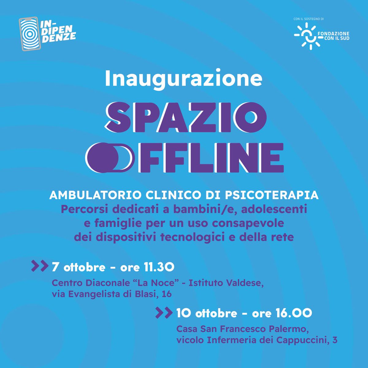 CDLaNoce's tweet image. Minori e uso disfunzionale dei dispositivi tecnologici: apre a #Palermo “Spazio Offline”, sportello di supporto psicoterapeutico gratuito. 📌 Venerdì 7 e lunedì 10 ottobre il taglio del nastro e l’avvio del servizio 👇 esperienzeconilsud.it/indipendenze/2…