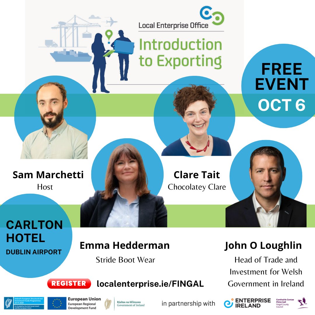 Join our FREE Intro to Exporting event - OCT 6 @CarltonDAirport ! Meet Sam Marchetti who will be joined by recent SME Exporters inc @HelloChocolatey & Emma Hedderman along with John O Loughlin, Head of Trade & Investment for @WalesinIreland Register ow.ly/HghQ50KZYeb