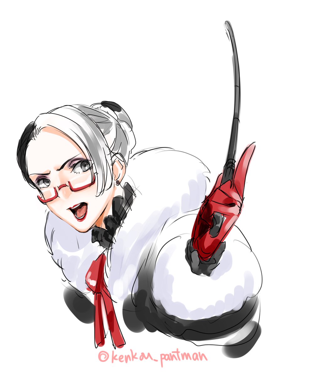 1girl solo glasses two-tone hair black hair hair bun red gloves  illustration images