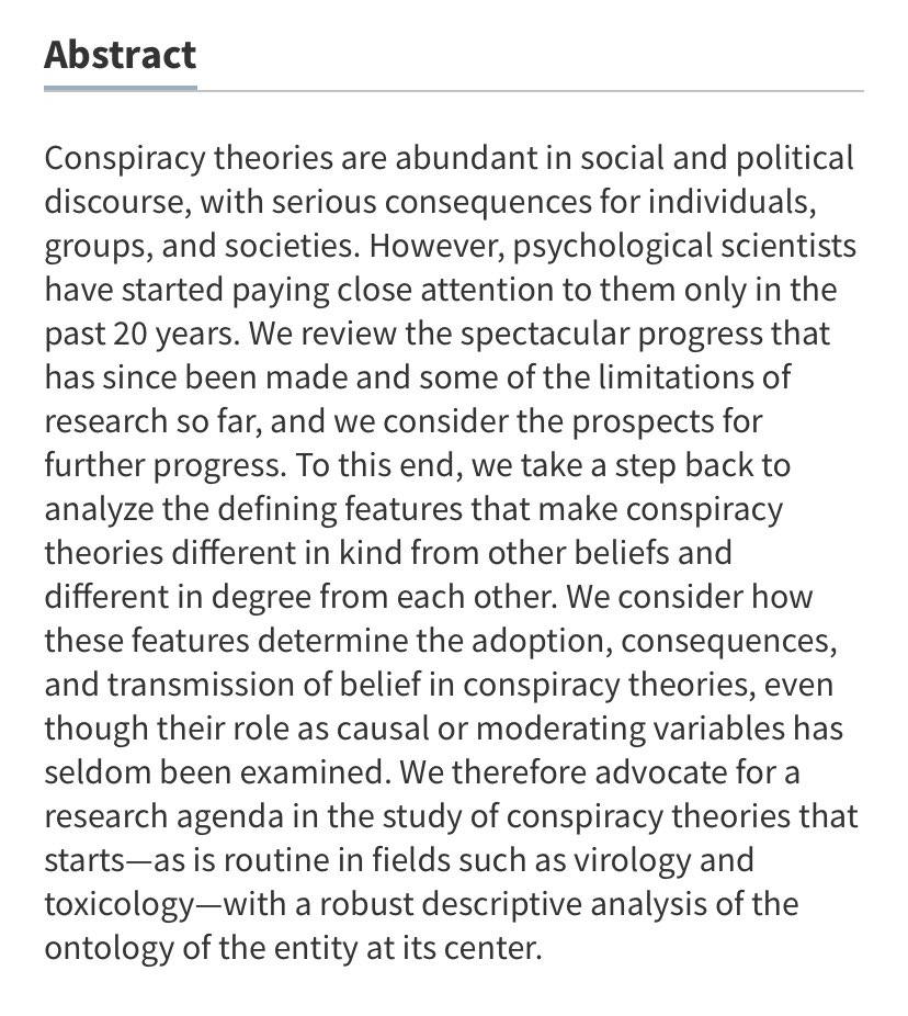 Professor Karen Douglas (@karen_douglas) on Twitter photo What are conspiracy theories? In this Annual Review of Psychology paper, Robbie Sutton and I analyse the defining features that determine why people believe them, what their consequences are, and why people share them <a href="/AnnualReviews/">Annual Reviews</a> <a href="/CONSPIRACY_FX/">CONSPIRACY_FX project</a> annualreviews.org/doi/abs/10.114… What are conspiracy theories? In this Annual Review of Psychology paper, Robbie Sutton and I analyse the defining features that determine why people believe them, what their consequences are, and why people share them <a href="/AnnualReviews/">Annual Reviews</a> <a href="/CONSPIRACY_FX/">CONSPIRACY_FX project</a> annualreviews.org/doi/abs/10.114…